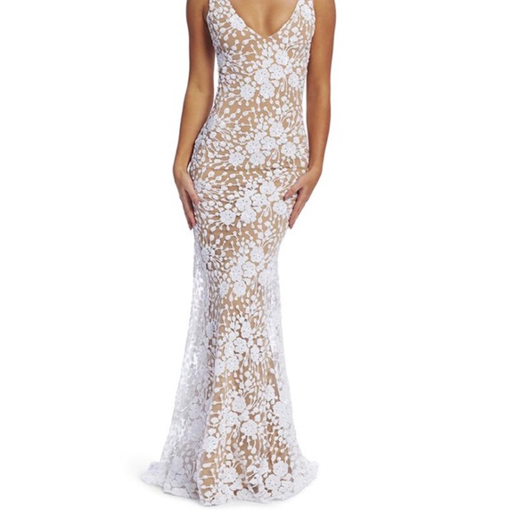 White Sequin Overlay Floor Length BackLess Dress - Picture 2 of 6
